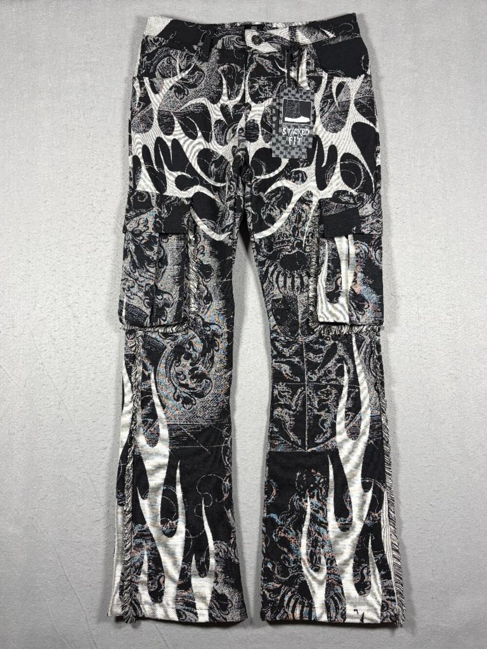 Rebel Vengeance Pants Men's 28x32 Black Flame Tapestry Cargo Gothic Stacked Fit